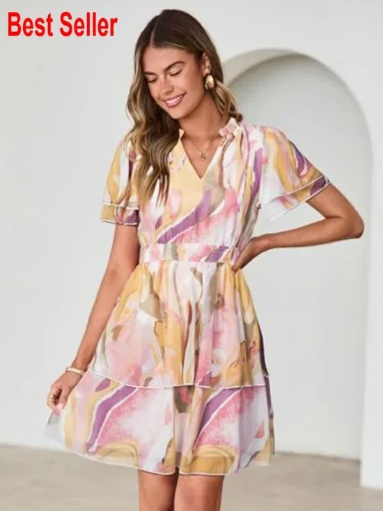 Chiffon Floral Mini Dress V Neck Short Sleeve Empire Waist Tiered - Picture 2 of 7